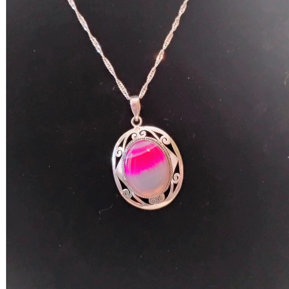 Pink Agate 925 Pendant on Silver  Colored Chain Necklace
